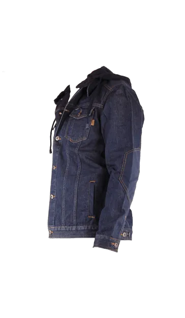 Jeansjacke mit abnehmbarer kapuze und cordura verstaerkung an schulter ellbogen