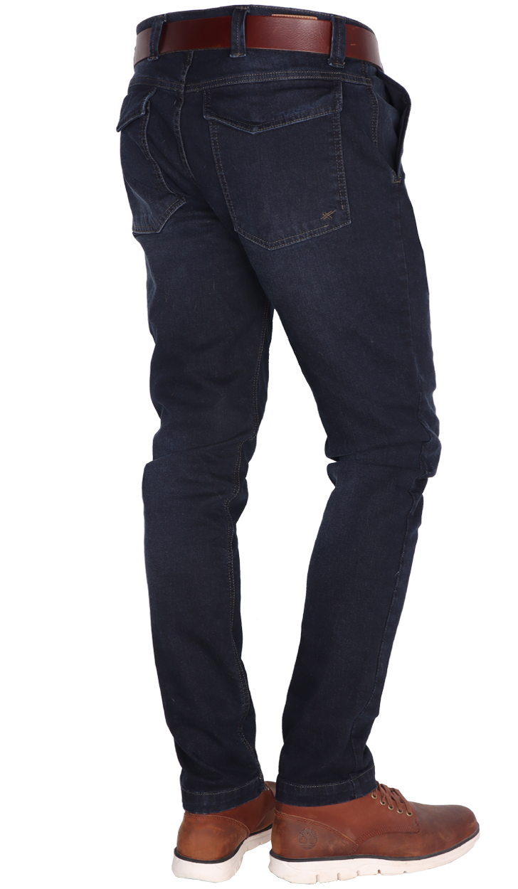 Donkere stretch jeans steekzakken afsluitbare achterzak