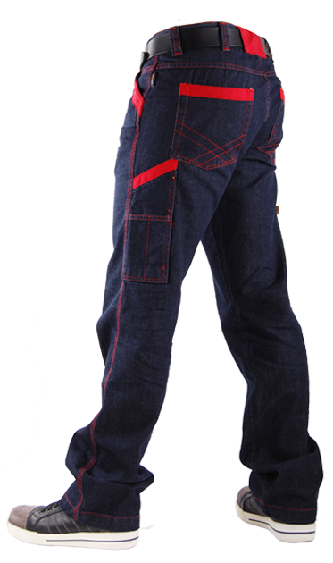 Corporate bedrijfskleding jeans matching cordura contrastkleur rood stiksels