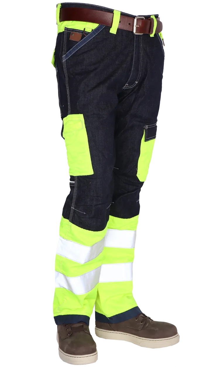 High vis workwear heren werkbroek fluor geel reflectieband gecertificeerd 20471