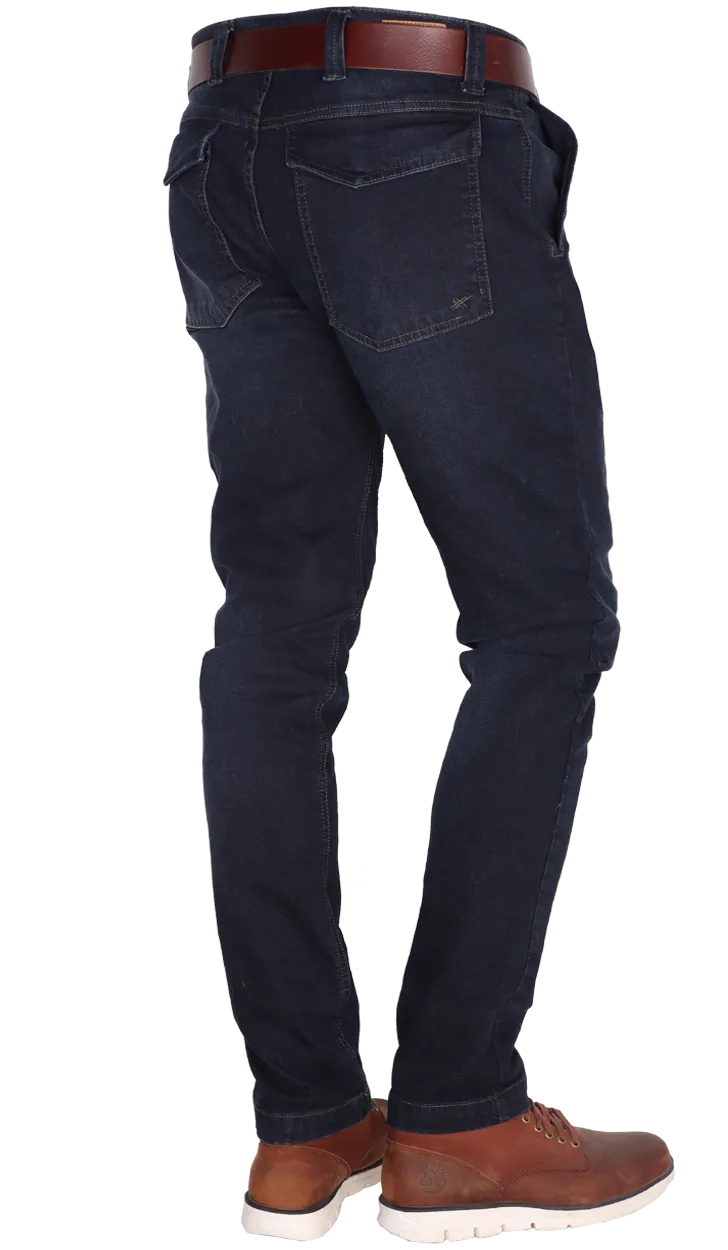 Donkere stretch jeans steekzakken afsluitbare achterzak