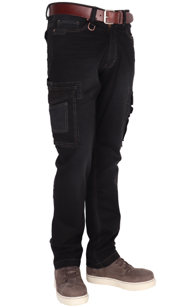 Duurzame multipocket zwarte stretch jeans dijbeenzakken
