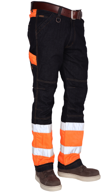 Hi vis spijkerbroek oranje fluor kleuren reflectieband hoge zichtbaarheid