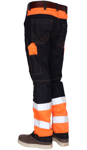 Hi vis spijkerbroek oranje fluor kleuren reflectieband hoge zichtbaarheid
