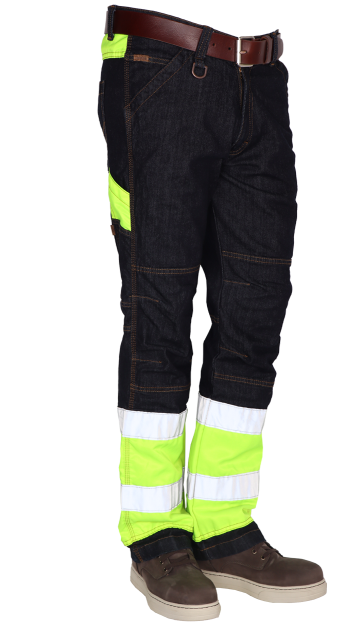Werkjeans spijkerbroek hi visibility fluor geel hoge zichtbaarheid