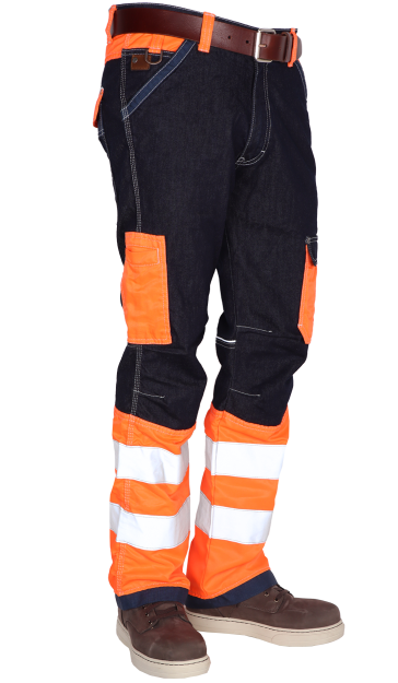 Hi vis werkspijkerbroek combinatie oranje reflectieband hoge zichtbaarheid gecertificeerd volgens 20471