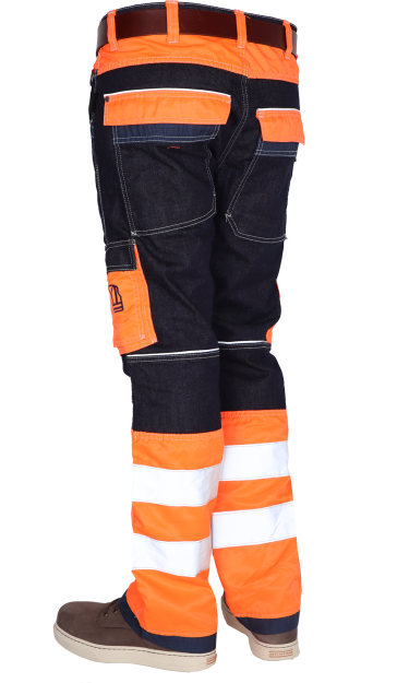 Hi vis werkspijkerbroek combinatie oranje reflectieband hoge zichtbaarheid gecertificeerd volgens 20471