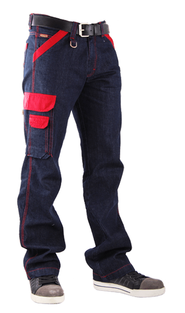 Corporate bedrijfskleding jeans matching cordura contrastkleur rood stiksels