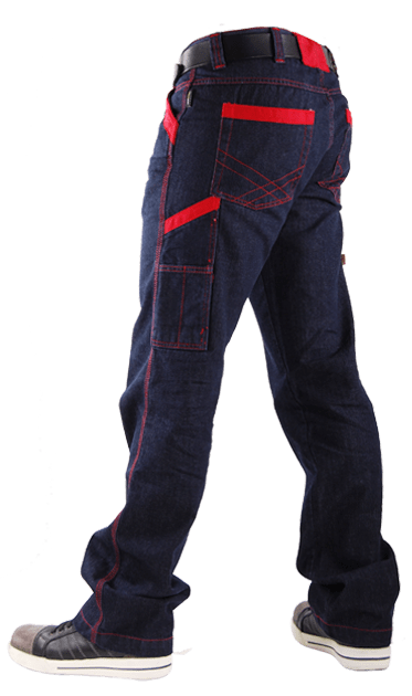 Corporate bedrijfskleding jeans matching cordura contrastkleur rood stiksels