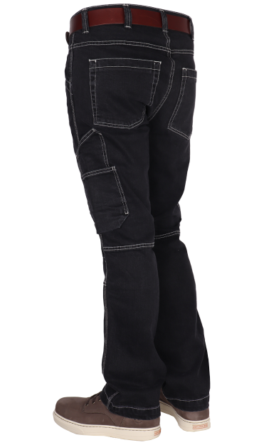 Diepzwarte werkbroek jeans comfortabel stretch denim dijbeenzak