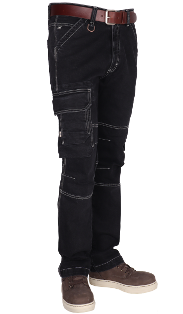 Diepzwarte werkbroek jeans comfortabel stretch denim dijbeenzak
