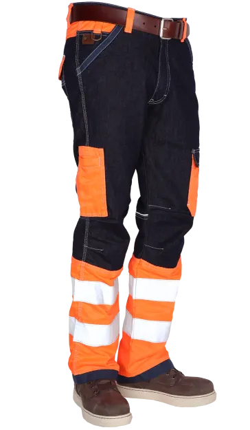 Hi vis werkspijkerbroek combinatie oranje reflectieband hoge zichtbaarheid gecertificeerd volgens 20471