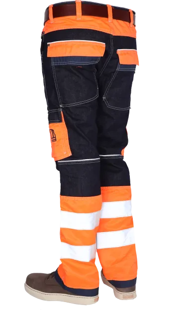 Hi vis werkspijkerbroek combinatie oranje reflectieband hoge zichtbaarheid gecertificeerd volgens 20471