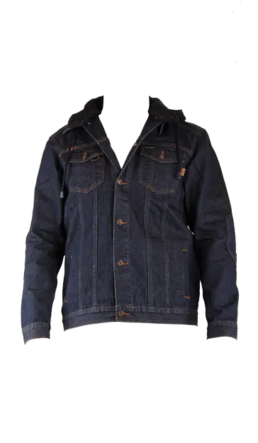 Jeansjacke mit abnehmbarer kapuze und cordura verstaerkung an schulter ellbogen