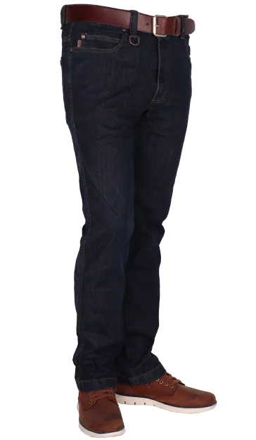 Donkere stretch spijkerbroek rechte broekspijp authentieke jeans fit